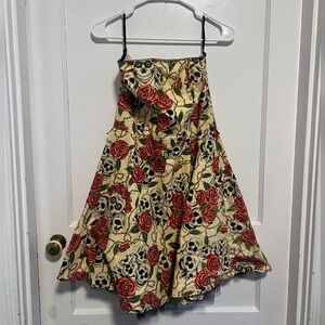 Folter Strapless Tattoo Skull Roses Print Dress Womens L Rockabilly